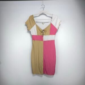 Derek Heart Dress Medium Patchwork Knit Modern Minimalist Pink